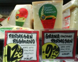 Trader Joes Cheese Case Parmesean Parmigiano Reggiano and Grana Padano Parmesean Cheeses