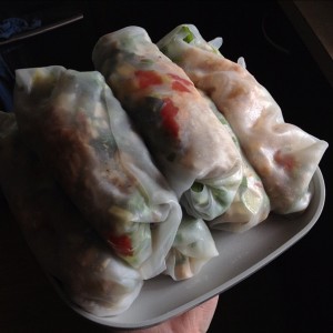 Spring rolls made with tapioca paper, filled with cucumbers, roasted red peppers, chicken leftovers & spring greens