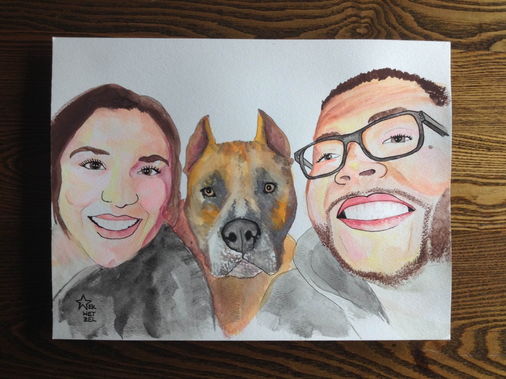 watercolor ink portrait glasses family puppy love