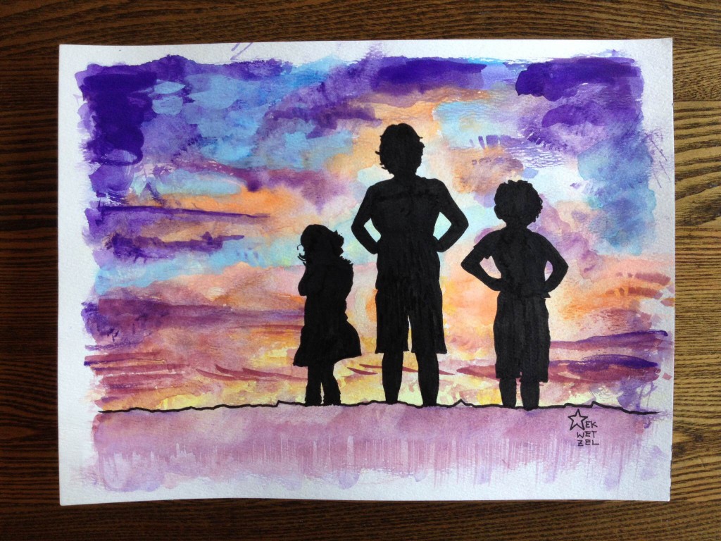 kids silhouetted on the sunset watercolor painting