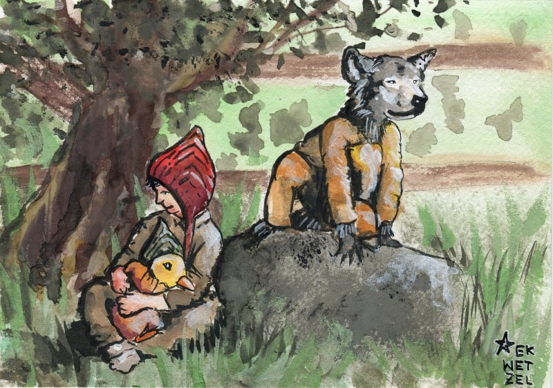 In the Russian folk Story of Peter and the Wolf, Peter lets the duck out of the yard and it is gobbled up by the big grey wolf. Peter catches the wolf in a noose and marches him to the zoo in a victory parade. In the story’s ending, the listener is told: “If you listen very carefully, you’ll hear the duck quacking inside the wolf’s belly, because the wolf in his hurry had swallowed her alive.”