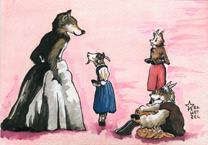 A story out of Grimm’s Fairy Tales, called The Wolf and the Seven Young Kids features a house full of young goats who are tricked by the Big Bad Wolf to let them inside, where he promptly gobbles them up. To trick the young goats, he disguises his voice, dusts flour on his fur and dresses in women’s clothes. I’m not sure what’s scarier to us…the concept of a wild and vicious beast, or the idea that they could look just like you and me.