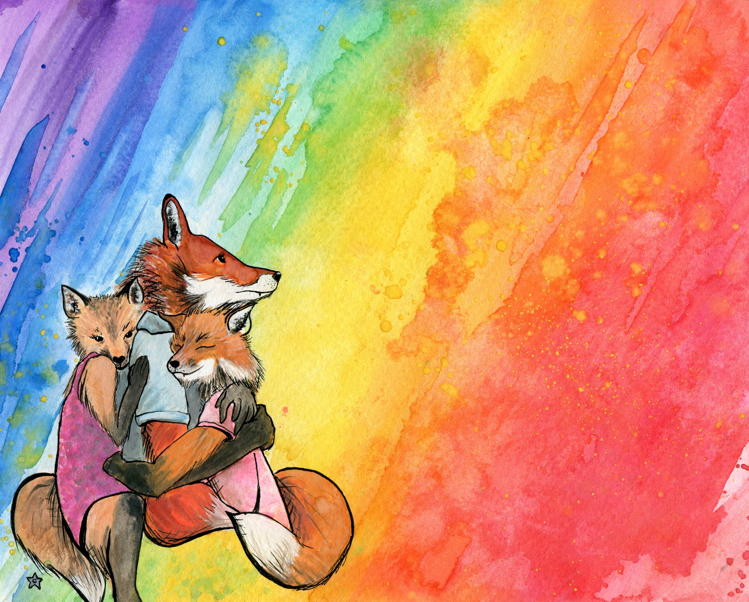 rainbow watercolor foxes queer art